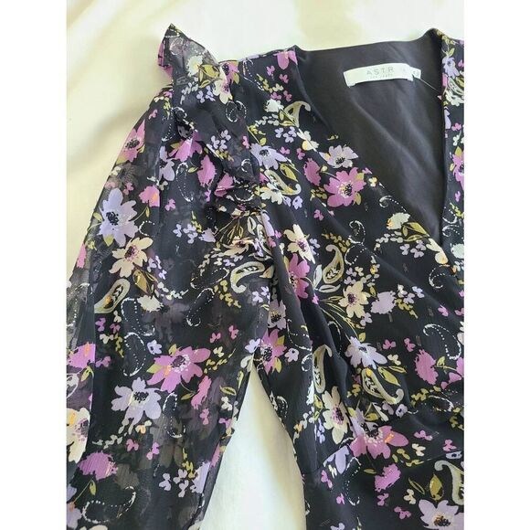 ASTR The Label Womens Stretch Chiffon Floral Print Kimba Mini Dress Black Medium - Picture 5 of 7